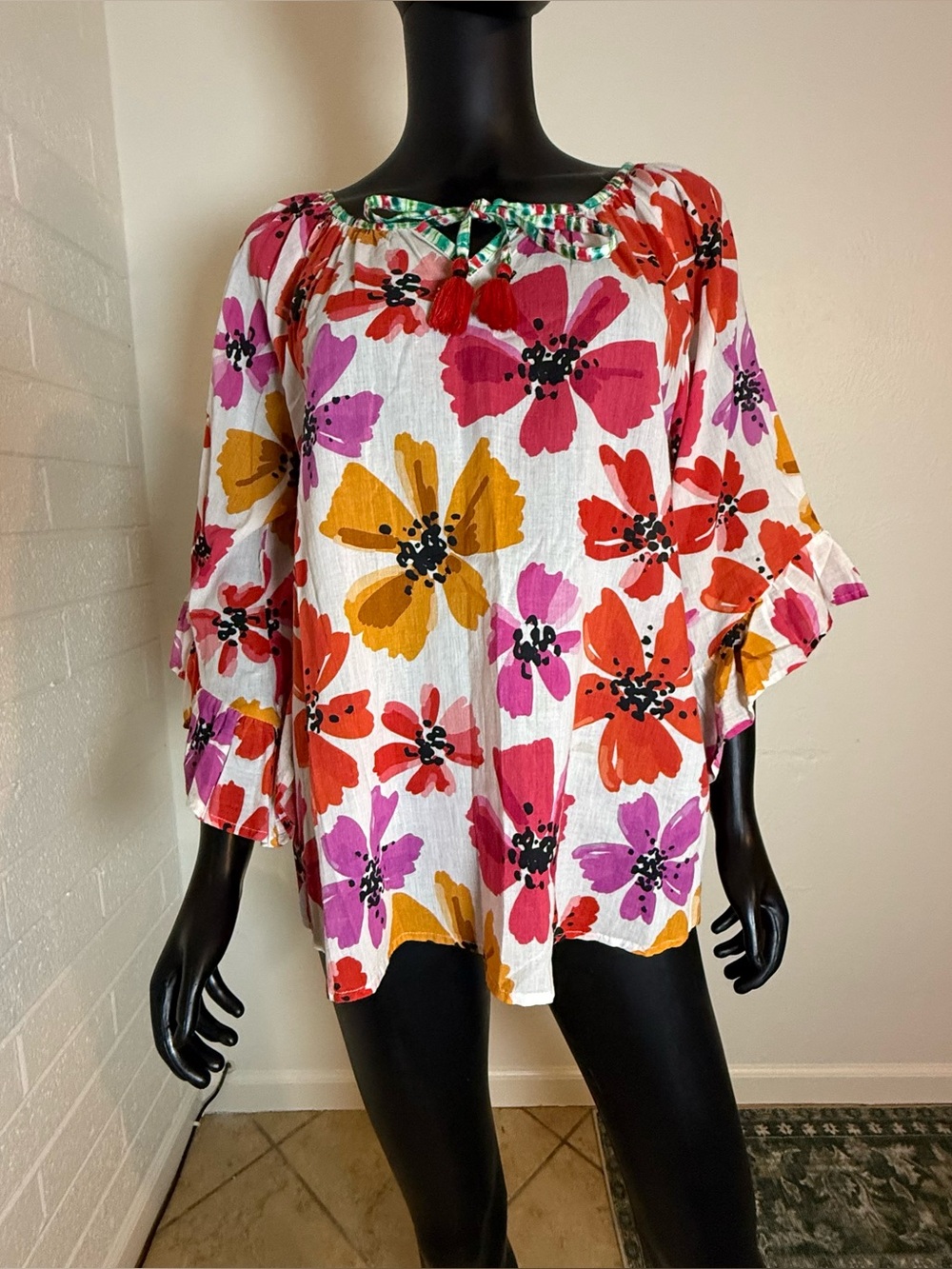 Boho Floral Cotton Gauze Peasant Blouse XS – Tassel Tie LulaLife